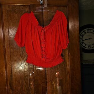 Wishful Park Red Off‑Shoulder Romantic Ruffle Crop Top M Flowy Boho Chic